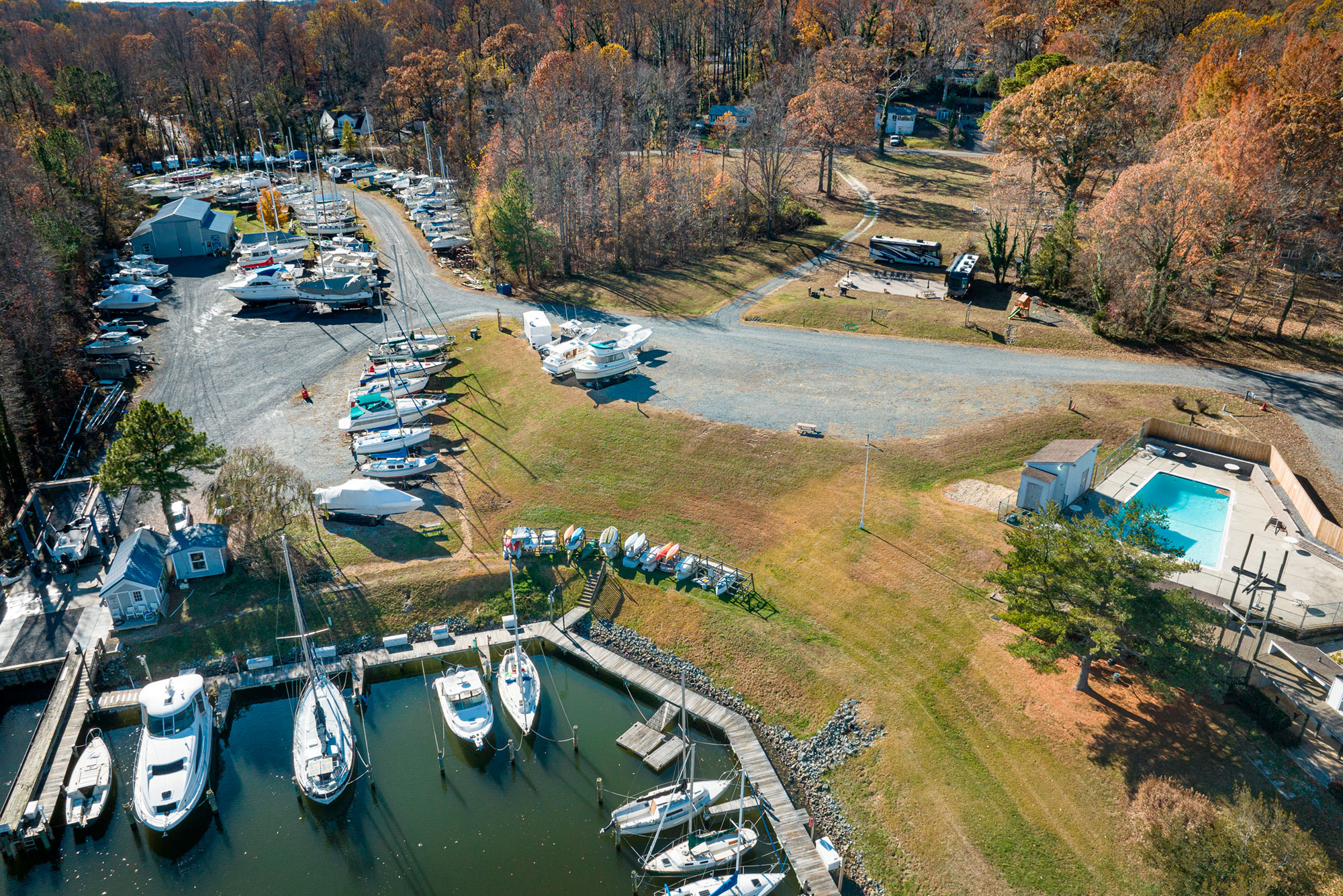Aerial view of Flag Harbor Boatyard: the yard, shop, travel lift and harbor